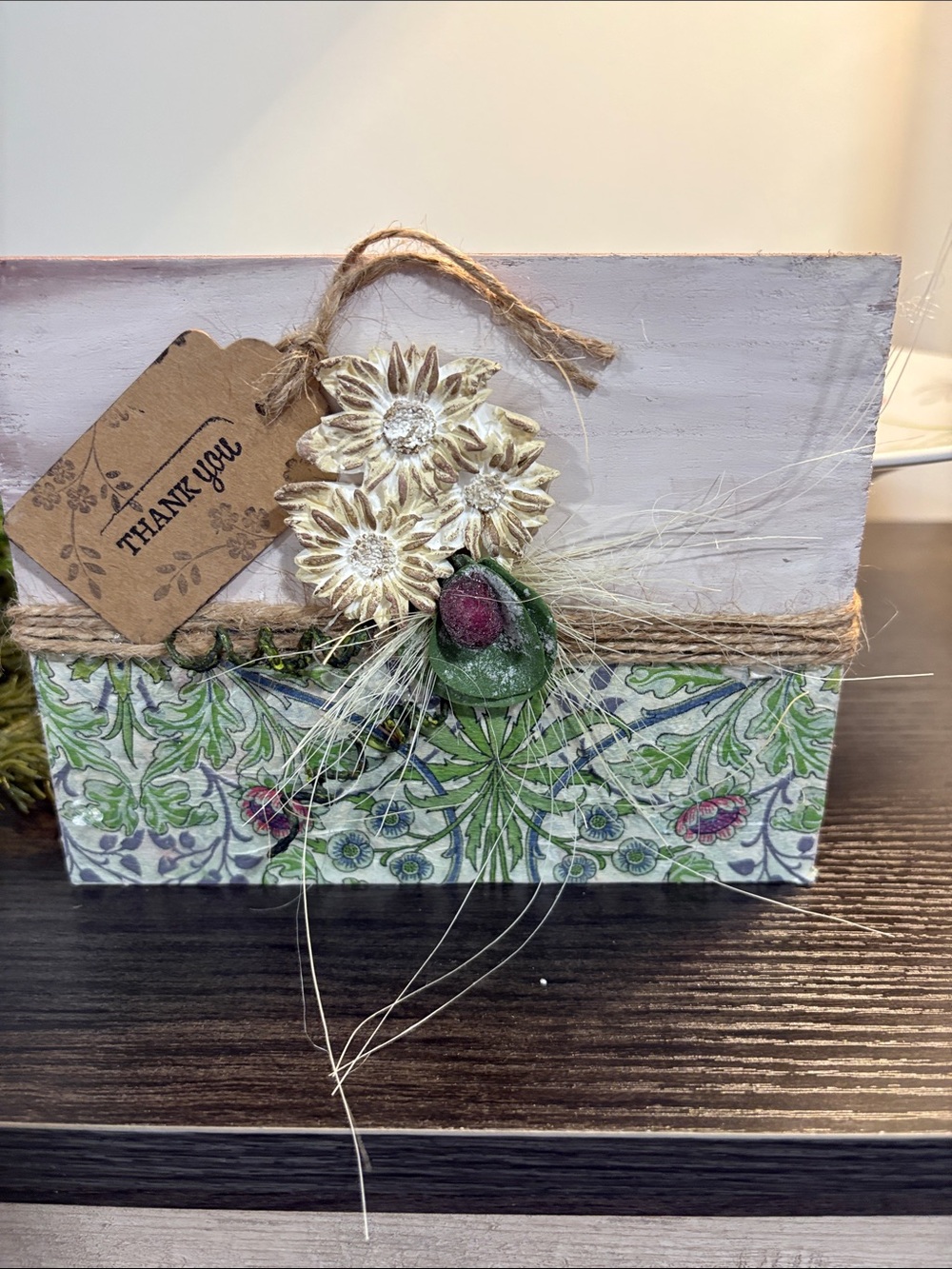 Handcrafted Green Floral Decorative Block with Rope and Sunflower Accent